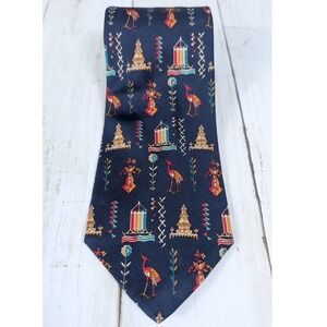 Salvatore Ferragamo‎ Silk Vintage Necktie Men's Navy Blue Crane Pagoda Italy